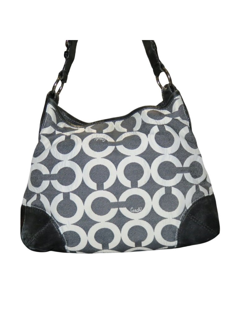 Coach Peyton 14512 Op Art Black & White Denim & Leather Hobo Bag
